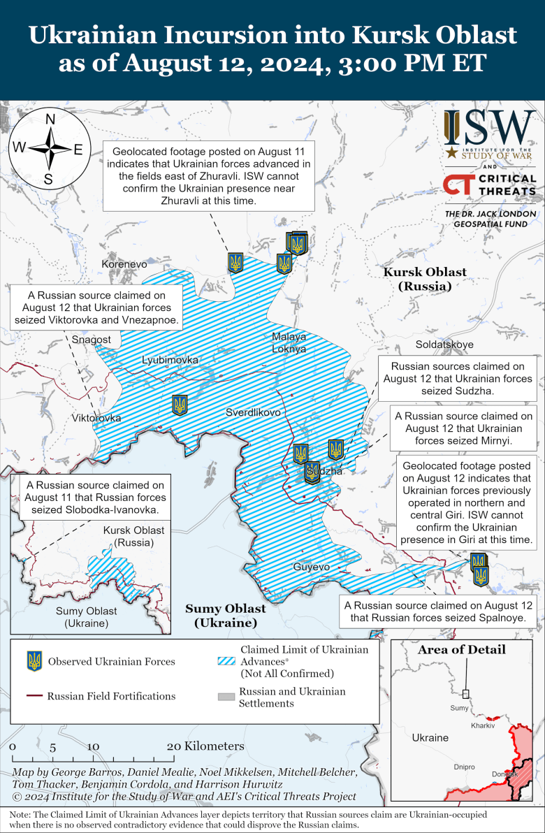 Map of the Ukrainian incursion into Russia's Kursk region as at August 13, Institute for the Study of War.